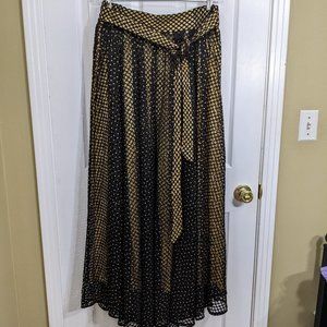 Raquel Black Net Overlay Gold Liner Crystals Tie Belt Maxi Skirt  - size 1XL NWT